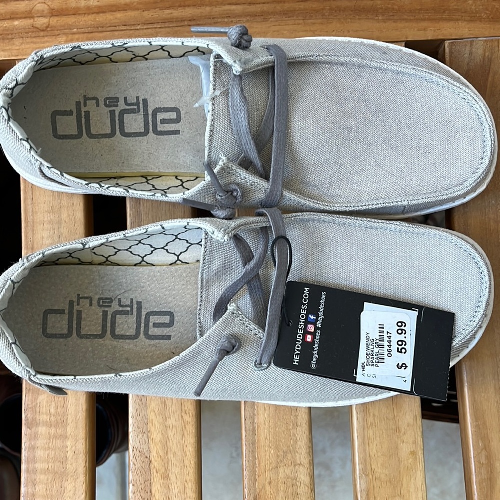 Hey dude, women’s size 9 gray sparkling loafers Never worn new with tags